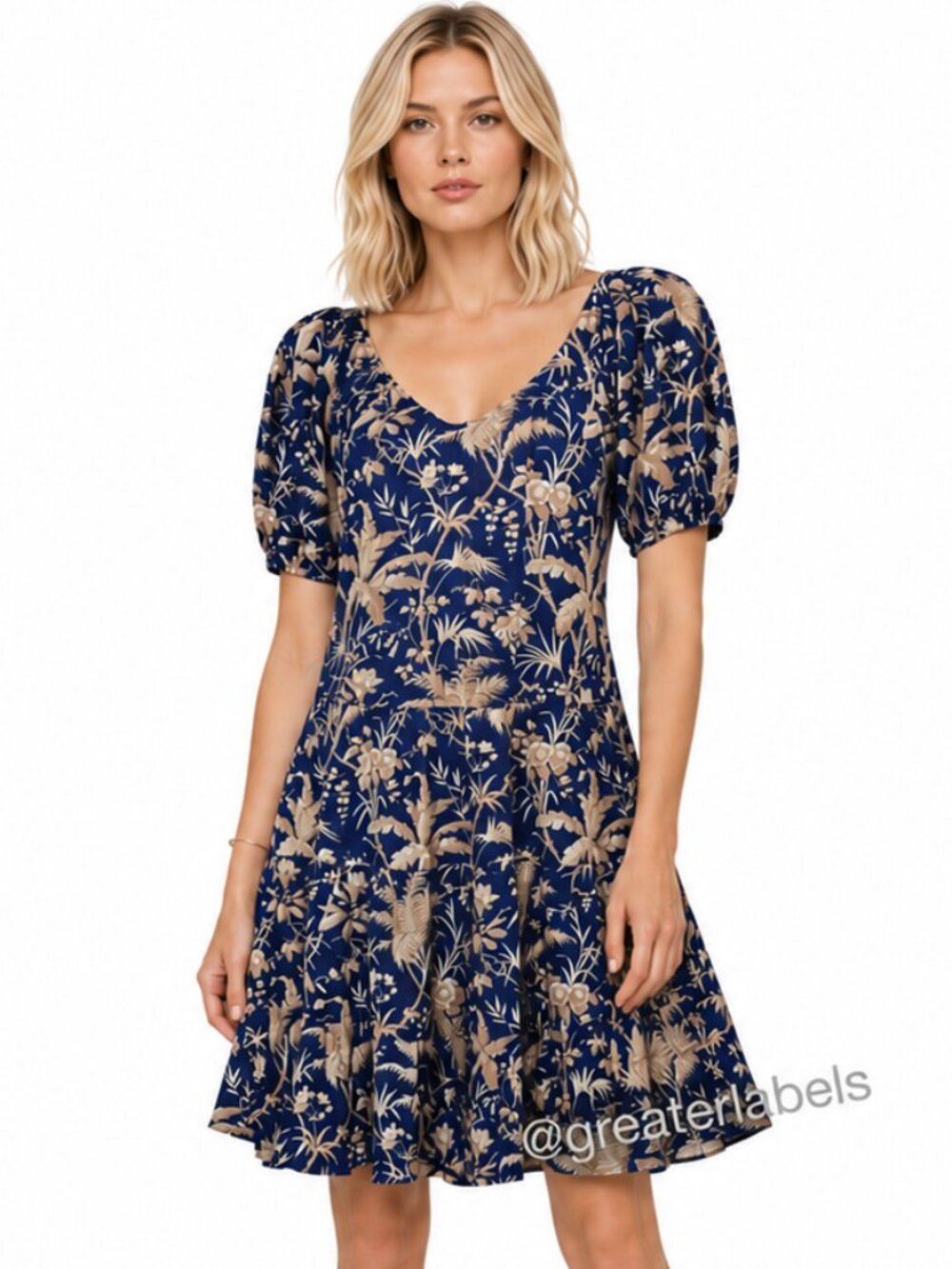Rebecca Taylor x LaVie Blue Puff Sleeve V- Neck Swing Peasant Dress w/Pockets
